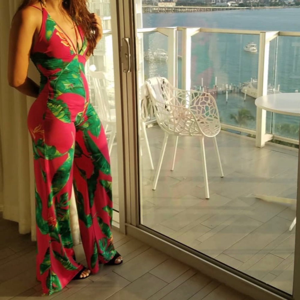 Beautiful silky pink and green jumpsuit!